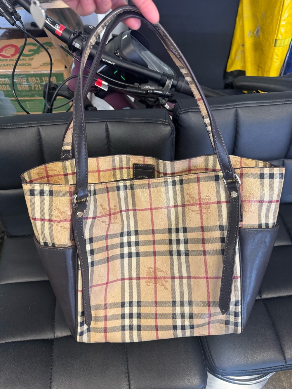Burberry Beige Check Canvas Tote with Dark Brown